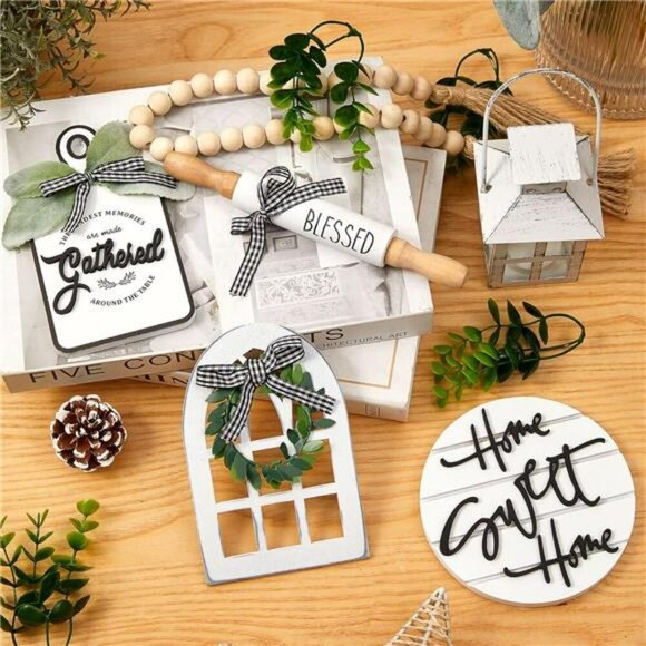 Farmhouse Tiered Tray Decor Set Rustic Wood Kitchen Shelf Table Accents - Picture 4 of 7